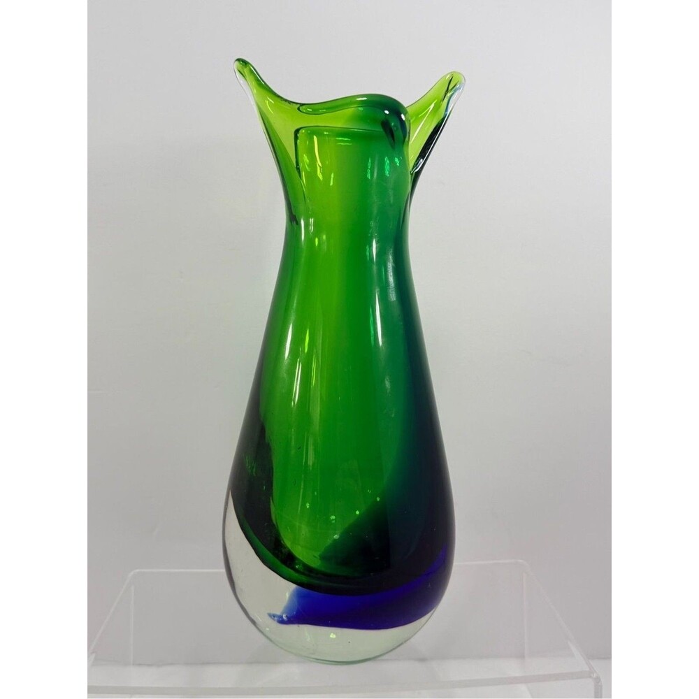 Vtg MCM Murano Style Sommerso Fishtail Vase - Emerald & Cobalt - 9.5" Heavy 3lb